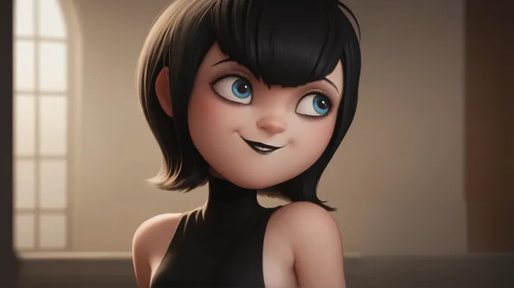 score_8_up, BREAK, MAVISDRACULA, 1girl, solo, black hair, short hair, blue eyes, lipstick, black dress, smile, depth of field    closed mouth, sleeveless, sideboob 