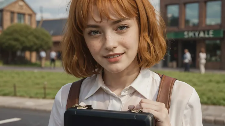 (masterpiece), best quality, expressive eyes, perfect face, multilevel marketing, midriff, Areolae, long ginger hair, Hairclipa, limbus salesmen woman, perfect anatomy, (((holding an sales briefcase))), (((closeup face))), tall woman with a muscular physiq...