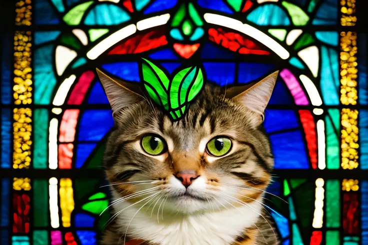 a close up of a Stained Glass window with a cat on it,  Pascal Blanchet  , behance contest winner, art nouveau, Stained Glass style, Stained Glass art, Stained Glass!!,  frog themed , Stained Glass, Stained Glass, psychedelic cat, Stained Glass tarot style...