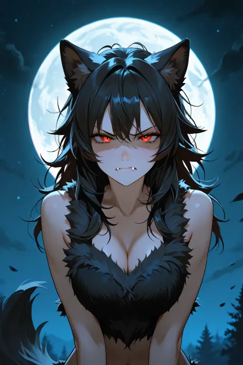 beautiful werewolf girl, messy hairstyle, annoyed face, has fangs, dark hair, attractive, top quality, masterpiece, wolf ears, fur top, full moon background, cinematic shot, dark ambience, night time, dynamic pose, mysterious