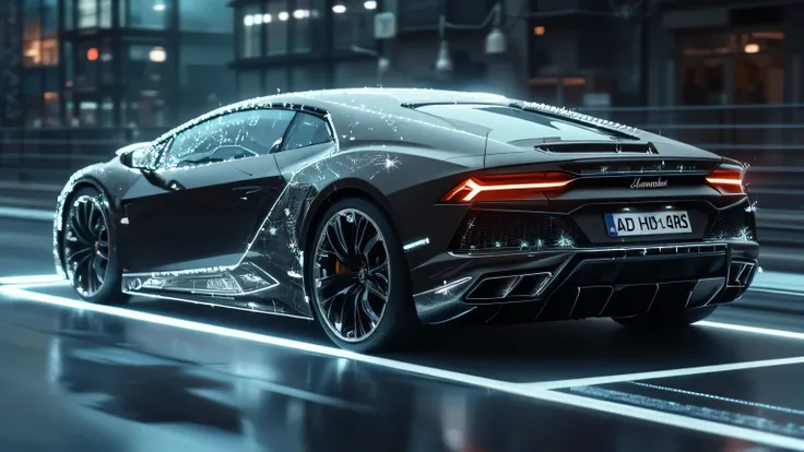 A futuristic concept shot of the Lamborghini Temerario integrated with holographic displays, showcasing its AI-powered driving assistance in an augmented reality setting. The digital overlays make it look like a car from the future. Ultra HD 8K, hyper-real...