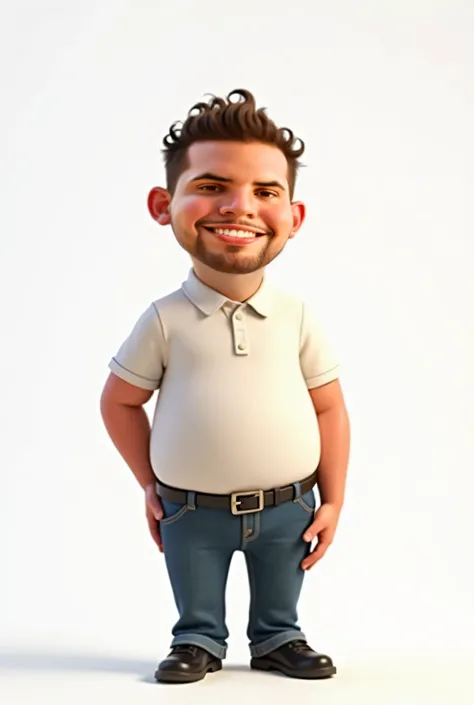 a 3d disney pixar style movie poster smiling man in white shirt, jeans and black shoes, short curly hair, shaved, bald, a small belly, cute, with an all white background