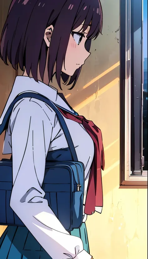 Anime girl wearing school uniform, holding school beg, school girl