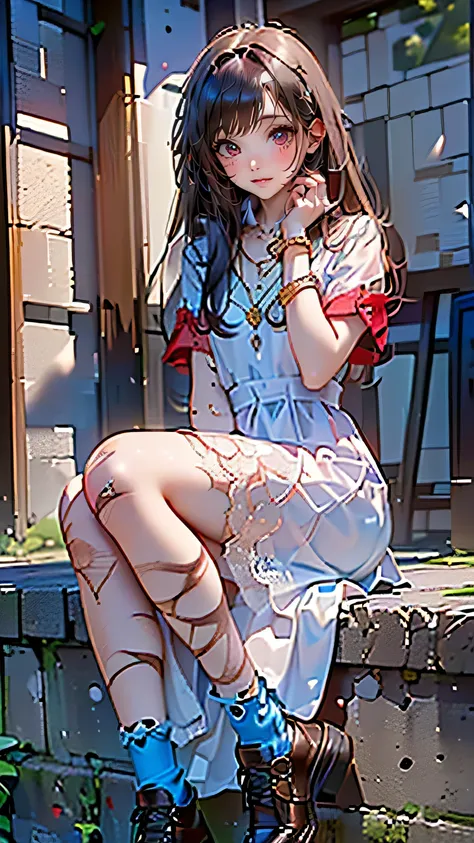 ((masterpiece, (   anorexia、 cute、beautiful , masterpiece, high quality,  16K Ultra HD , (masterpiece), (（( 最high quality), ((detailed face, cute face)), ( wears a long white embroidered dress ,  red lace shirt , , blue socks,  Brown leather shoes ,  blue ...