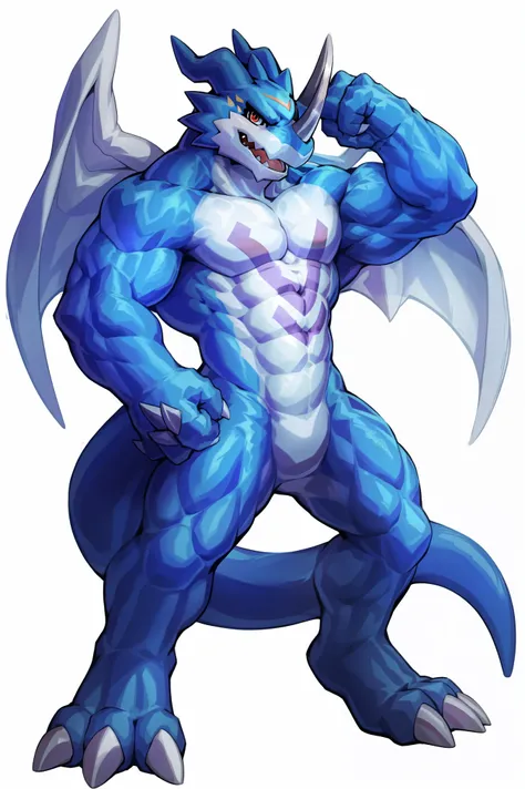 (Exveemon (Digimon)):0.9), (pose:1.3), (posing:1.3), (soft shading), 4k, hi res, three fingers, red eyes, anthro, scalie, featureless crotch, claws, blue skin, membranous wings, muscular, horns, tail, blue body, muscular solo, nintendo, membrane (anatomy),...