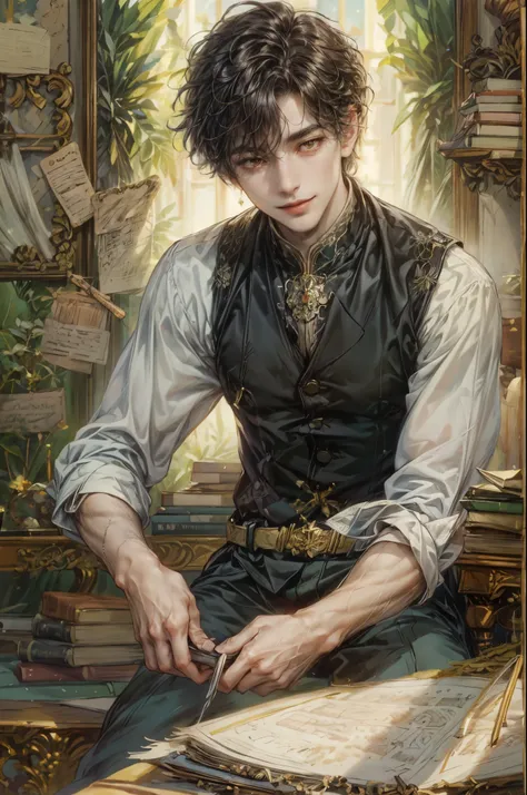 (absurdres, highres, ultra detailed, HDR), watercolor art style masterpiece, perfect face, detailed face, intricate details, extremely detailed background scenery, best quality close-up picture, orange eyes, korean boy, smile,   boy guy male man , art by k...