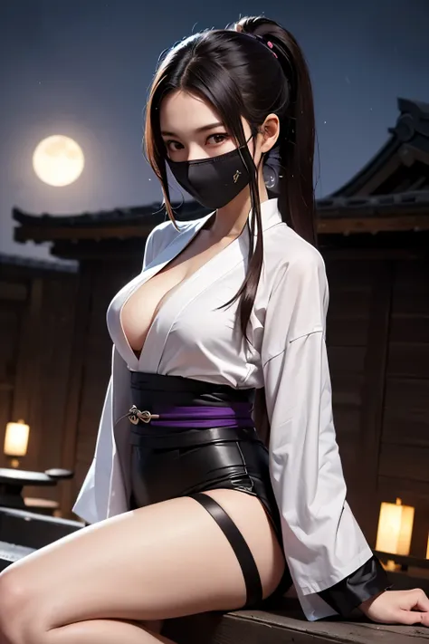 A cute Sengoku-era kunoichi (female ninja) perched on a rooftop under the moonlight, holding a kunai in one hand. She wears a form-fitting black ninja outfit with subtle purple accents, including a mask that partially covers her face, emphasizing her sharp...