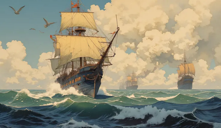 Highly detailed engraving-style illustration, inspired by old nautical prints, infused with the dramatic and epic style of Frank Frazetta. The French frigate 'Concorde' is the central focus, sailing at full speed through turbulent ocean waves, its sails fi...