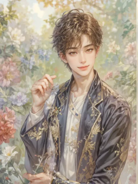 (absurdres, highres, ultra detailed, HDR), watercolor art style masterpiece, perfect face, detailed face, intricate details, extremely detailed background scenery, best quality close-up picture, orange eyes, korean boy, smile,   boy guy male man , underwat...