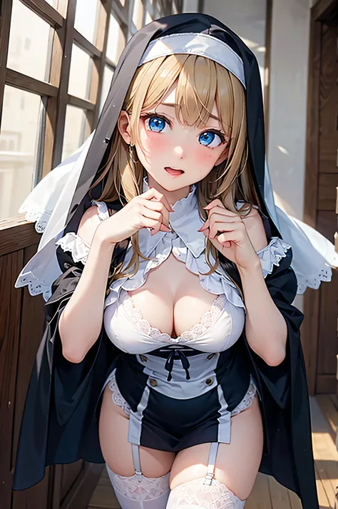  8k resolution,((Best Quality)),super high definition, Adult Female, alone,  sexy, (embarrassed expression), (blue eyes), Beautiful Symmetrical Face, ( straight long blonde hair ), Nun's Robe , lace long skirt,Veil,garter belt,stockings,realistic:1.4,reali...