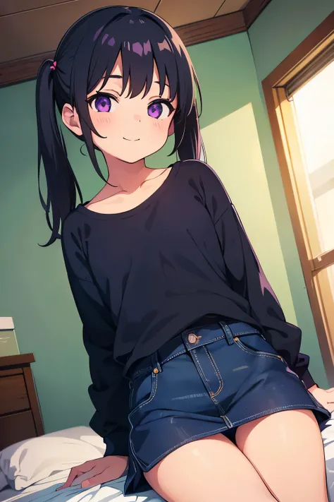 Elementary School Girl ８ Year Old  Flat Chest Black Hair Shorts Twin Tails Purple Eyes Smile （（One person）） upper body black shirt lower body navy blue denim miniskirt white panties （（panties）） White socks girl's room sitting on bed, dynamic angle, low ang...