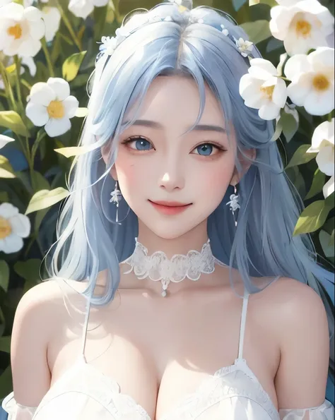 best quality、masterpiece、
  Vivid  、beautiful girl、1 person、  wide double eyelids    、upper body、big eyes、sepia eyes  、long hair、  light blue hair、((I put on a white lace dress and opened my chest、Organza))、princess、princess、  clear  、choker、earrings、Flowe...