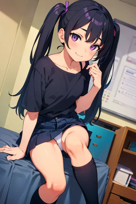 Elementary School Girl ８ Year Old  Flat Chest Black Hair Shorts Twin Tails Purple Eyes Smile （（One person）） upper body black shirt lower body navy blue denim miniskirt white panties （（panties）） White socks girl's room sitting on bed, dynamic angle, low ang...