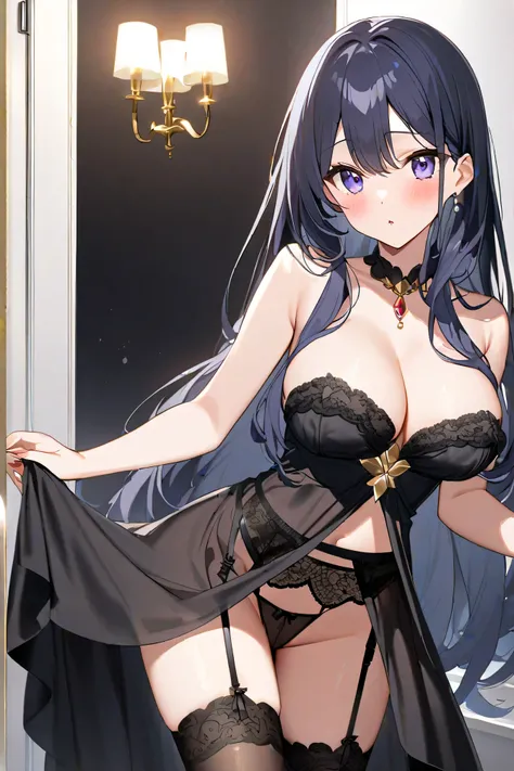 28 year old beautiful girl、long hair。
 characters are anime designs 。
 hair is silver。
Eye color is gold 。
The figure is glamorous 。Big bust 。
has an ecstatic expression with estrus。
Wear a black nightdress, garter belt, and stockings。
in the large bathroo...