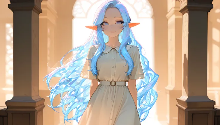 (((Best quality, 8k, Masterpiece: 1.3)), ((best quality)), ((masterpiece)), (detailed), perfect face, ((light blue hair)), very long hair, crystal hair, long pointy ears, elf, A beautifully dressed young woman, full of excitement and anticipation, getting ...