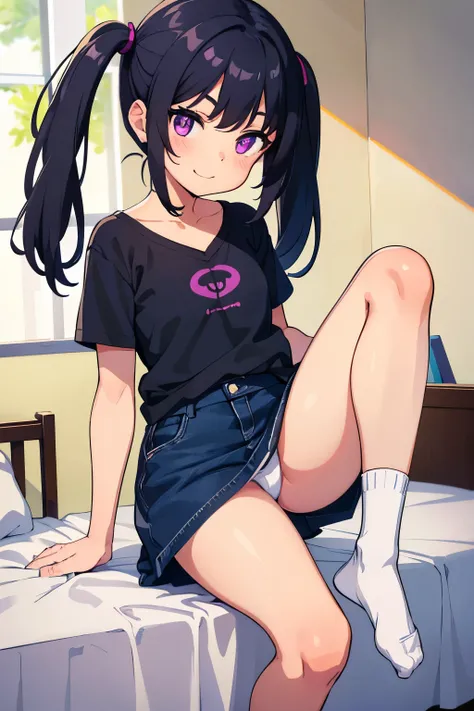 Elementary School Girl ８ Year Old  Flat Chest Black Hair Shorts Twin Tails Purple Eyes Smile （（One person）） upper body black shirt lower body navy blue denim miniskirt white panties （（panties）） White socks girl standing in front of bed dynamic angle low an...