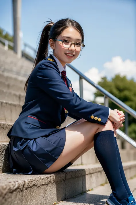 Blue sky background,Side view of a  girl in uniform sitting on a concrete staircase,((navy blue knee-high socks)),from below,navy blue pleated miniskirt,navy blue blazer,blue tie,navy blue pleated miniskirt,Sneakers, beautiful feet,female middle school stu...