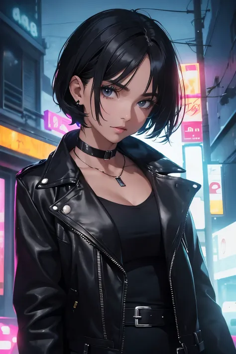                   uma mulher bonita com um Pretty face, 30 years,with very short black hair without fringe,      black eyes    ,  combining black leather jacket with black blouse and choker with buckle,     in a nighttime setting   , dimly illuminated neon...