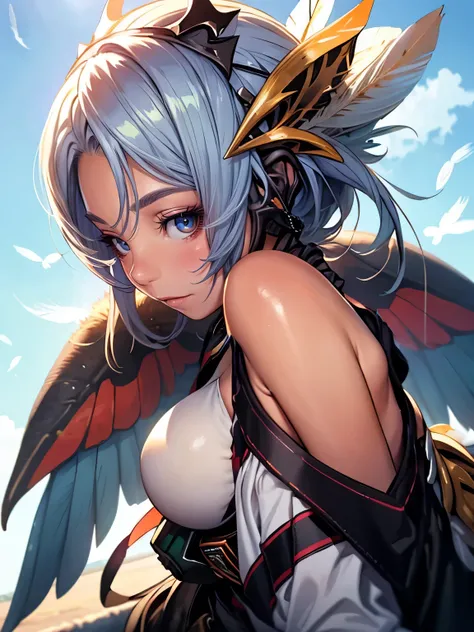 ((Seductive anime lady:1.3, solo:1.5))、((fusion of hawk and lady:1.4))、((full body:1.2))、((beautiful huge wings:1.5))、((Winged On the back:1.3))、((feather clothes:1.3))、((Open crotch:1.3))、((cleavage cutout:1.3))、((dynamic angle:1.2))、((Flying:1.5))、((blue...