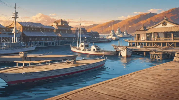 A wooden dock scene, featuring several large sailing ships moored alongside. The ships are light brown/tan, with white sails. The dock is made of light brown wooden planks, and various crates, barrels, and sacks of cargo are scattered around the area, crea...