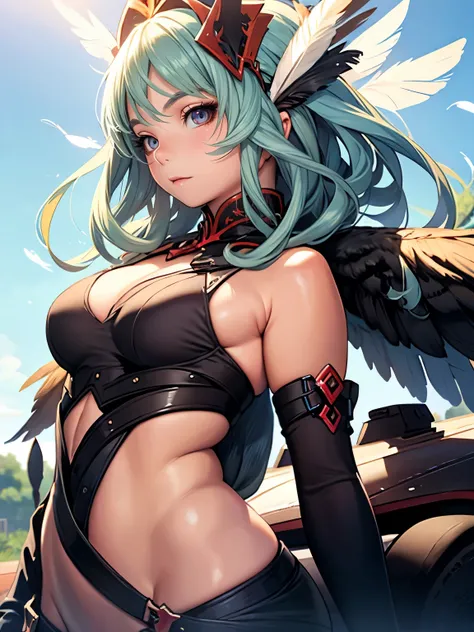 ((Seductive anime lady:1.3, solo:1.5))、((fusion of craw and lady:1.4))、((full body:1.2))、((Winged On the back:1.5))、((feather clothes:1.5))、((dynamic angle:1.2))、((Flying:1.5))、((blue sky background:1.5))、looking down at viewer、((elaborate eyes:1.2))、((ela...