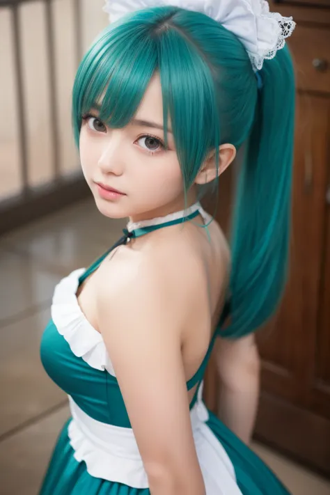 1girl,loli,(best quality,absolutely resolution,ultra detailed,masterpiece),(photo realistic),8K,(detailed face),delicate realistic skin texture,(Shining eyes),Hatsune Miku,aqua hair,twintails,very long hair,hair ornament,hairpin,hairclip,bracelet,white ski...