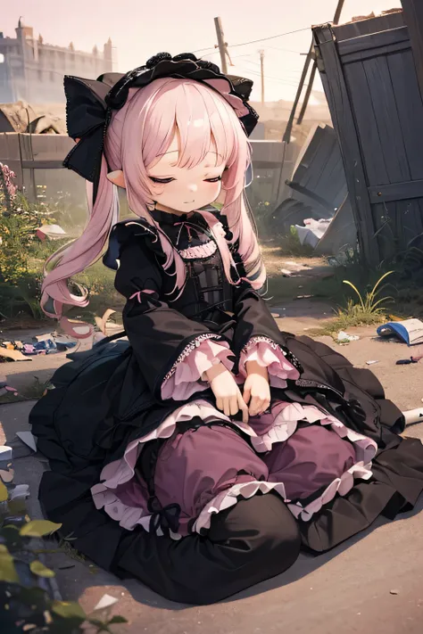 ((((Petite:1.8)))),(pink clothes:1.5),(Gothic Lolita:1.5),closed eyes,garbage dump,

