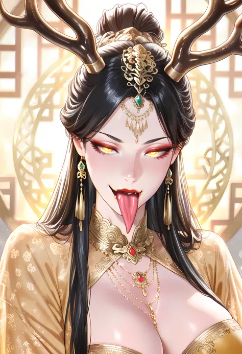 velazquez_fidelity,masterpiece, best quality, good quality, newest, highres, absurdres,ancient chinese beauty portrait, upper body focus, deer antlers with jewel pendants, gold embroidered hanfu, intricate jewelry designs,(sluty_face:1.2),(horny_face:1.2),...