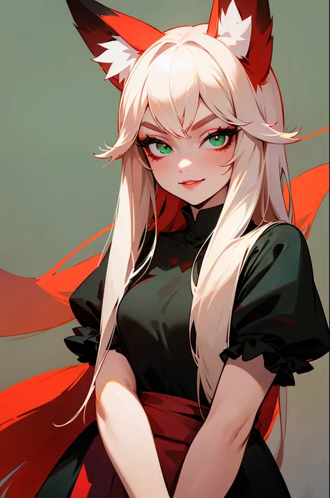 Upper body standing painting, sweetheart, solo, pale-skinned, (Fox ears), Elaborate Eyes, detail in face, Green-eyed, Red Eyeshadow, lips in red, black magic dress, awas, pervert smirk, tmasterpiece, high high quality, minimum, Tiny,
