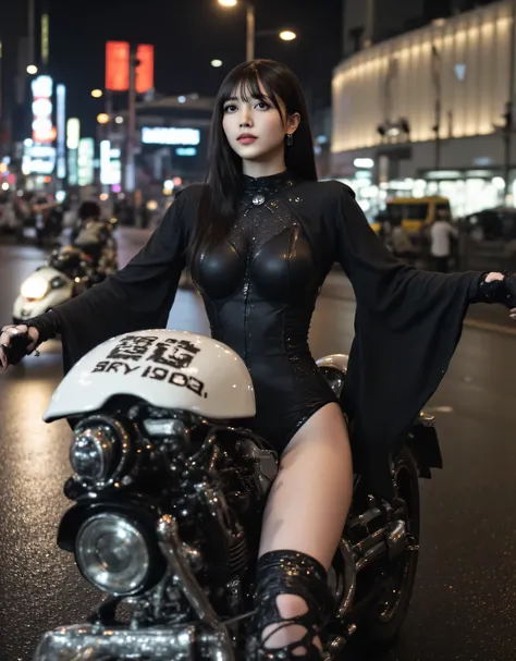 (((Expressway with night rain:2.0))),((( HR Gigger Style Cyberpunk Atmosphere :2.0))),((Ride a black tron-style motorcycle:2.0)),(((Ride a large cyberpunk white motorbike:2.0))),((full body:2.0)),one woman,(cute face),(Beautiful well-balanced face ),((long...