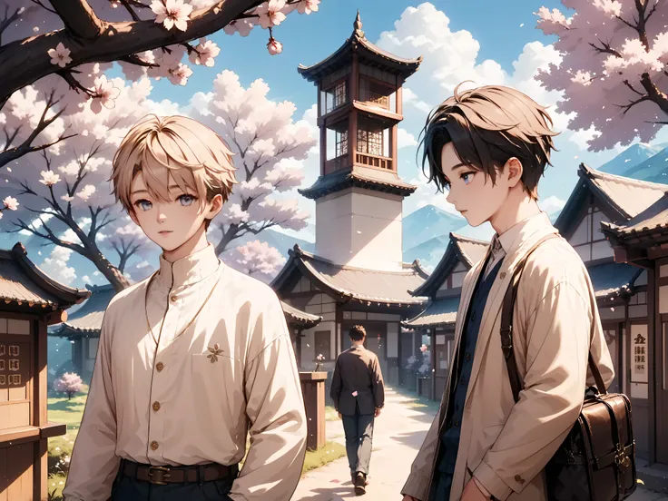 What is an image of a high school man and woman walking under a cherry tree while talking