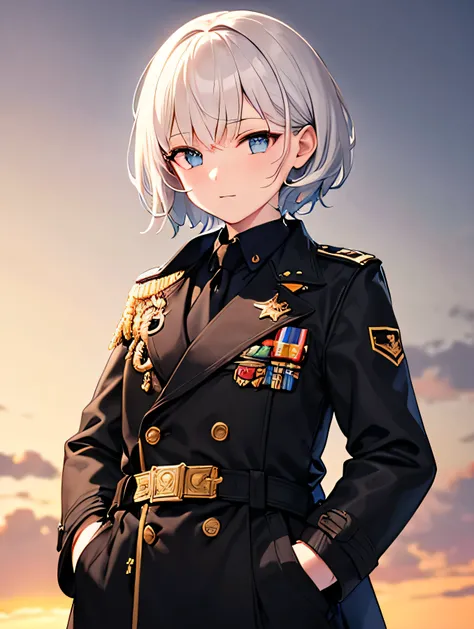 (masterpiece),(best quality),(ultra-detailed),(best illustration), 1girl, general outfit, black trench coat, short hair, white hair, cowboy shot's, blue eyes, gold emblem, military medals, military general, black gloves, hands in the pocket, flat chest, wh...