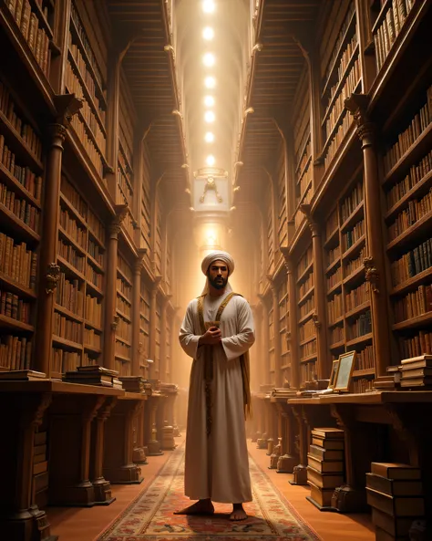 **Prompt:** Imagine a breathtaking archaic medieval library, filled with towering shelves of ancient tomes and glowing candlelight. In the center, showcase a handsome  middle-age Arab scientist, dressed in a flowing, intricately designed Arabic robe and a ...