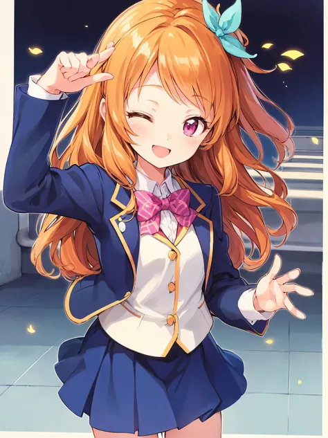  ultra-fine illustration  、{{}}、{Pretty Girl}、２０ -year-old woman's appearance、 college student ，One person，cowboy shot, (:1.5)、beautiful hair、{ Orange Hair}、{ medium hair }、 {pink eyes}、beautiful eyes、with one eye closed、{ school uniform}, {blazer}、 light ...