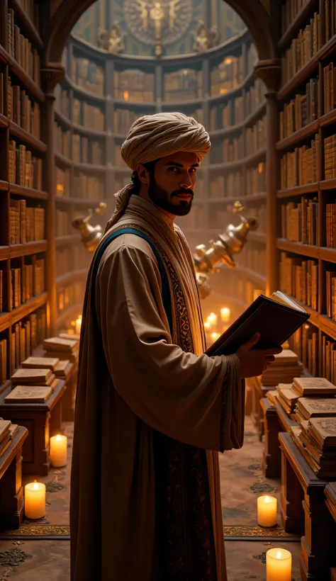 **Prompt:** Imagine a breathtaking archaic medieval library, filled with towering shelves of ancient tomes and glowing candlelight. In the center, showcase a handsome middle-age Arab scientist, dressed in a flowing, intricately designed Arabic robe and a ...