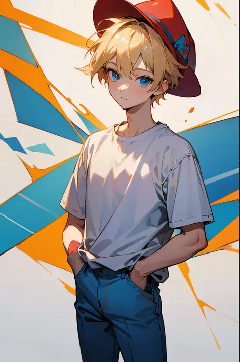 solo, 1boy, mighty max, blonde hair, red hat, white shirt, blue pants, blue eyes, short sleeves, hands in pockets, sideways hat, 