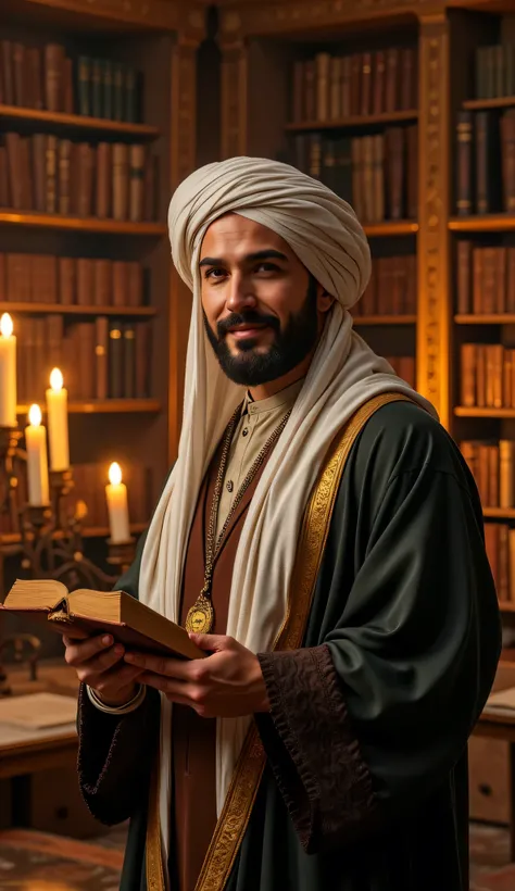 **Prompt:** Imagine a breathtaking archaic medieval library, filled with towering shelves of ancient tomes and glowing candlelight. In the center, showcase a handsome middle-age Arab scientist, dressed in a flowing, intricately designed Arabic robe and a ...