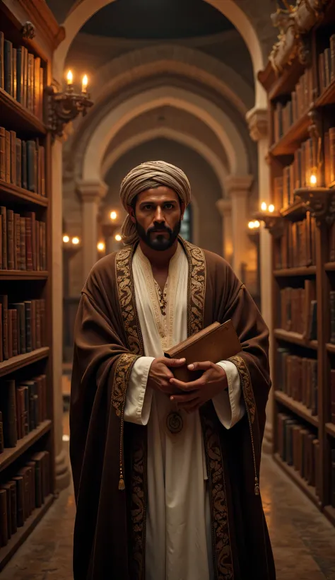 **Prompt:** Imagine a breathtaking archaic medieval library, filled with towering shelves of ancient tomes and glowing candlelight. In the center, showcase a handsome middle-age Arab scientist, dressed in a flowing, intricately designed Arabic robe and a ...