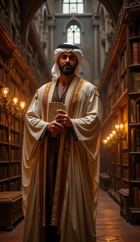 **Prompt:** Imagine a breathtaking archaic medieval library, filled with towering shelves of ancient tomes and glowing candlelight. In the center, showcase a handsome middle-age Arab scientist, dressed in a flowing, intricately designed Arabic robe and a ...