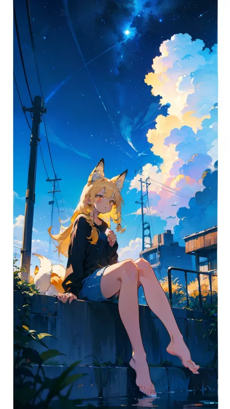 masterpiece, exquisite details,Best Quality, one girl, alone, handrail, cloud, buildingを見上げる,long hair, zero,  Long Sleeve, Power lines, White footwear, viewers next to him, Electric pole, bangs, cloudy zero, , bird, yellow eyes, yellow hair,braids,stupid ...