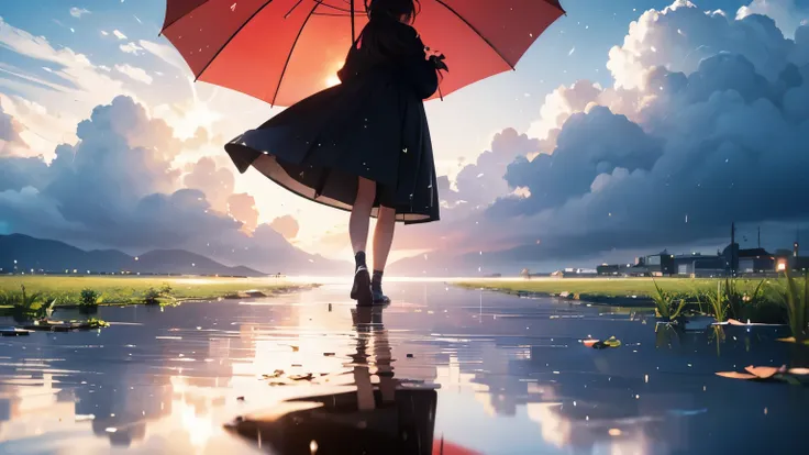 「Halo」bright red umbrella　A ring of light in a puddle of water reflected in a dropped field of view　It almost stopped raining and I was crying under the sky　from a break in the clouds、Because I saw clouds of a different color
　
