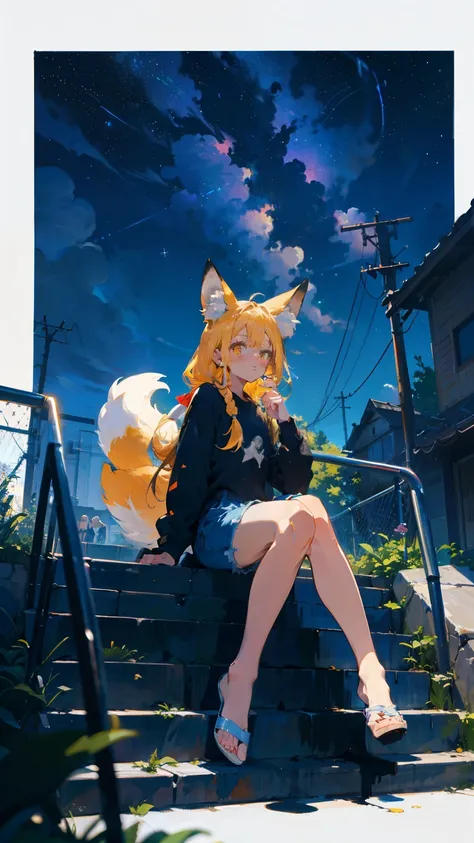 stupid hair,masterpiece, exquisite details,Best Quality, one girl, alone, handrail, cloud, buildingを見上げる,long hair, zero,  Long Sleeve, Power lines, White footwear, viewers next to him, Electric pole, bangs, cloudy zero, , bird, yellow eyes,yellow hair,bra...