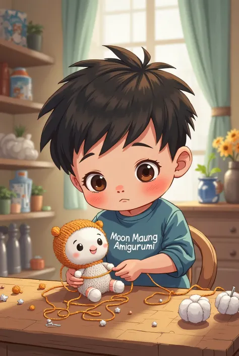 Chibi for A  boy with a blue shirt, brown eyes, and black hair is knitting a cotton doll, and the word moon maung amigurumi is written on his shirt.  Please write that letter exactly.