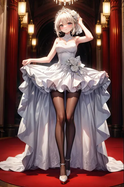 Wedding Dress　miniskirt　pantyhose　high heels　woman　full body　 skirt roll up with length