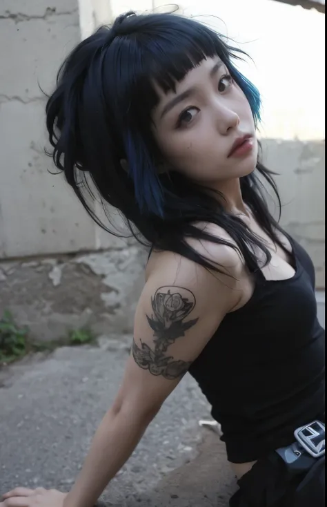  goth girl, stripped hair, blue hair with fringe ,  Asian, doing a seated pose ,  perfect face, 24 years old, Melancholic beauty 