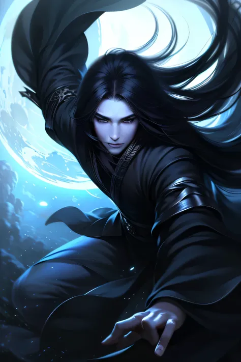 A man with long hair in black is flying, his right hand holding a white sword 