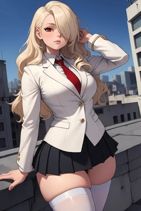 anime girl in a school uniform posing on a rooftop, blonde anime girl with long hair, beautiful anime high school girl, smooth anime cg art, seductive anime girl, realistic schoolgirl, a hyperrealistic schoolgirl, marin kitagawa fanart, hyperrealistic scho...