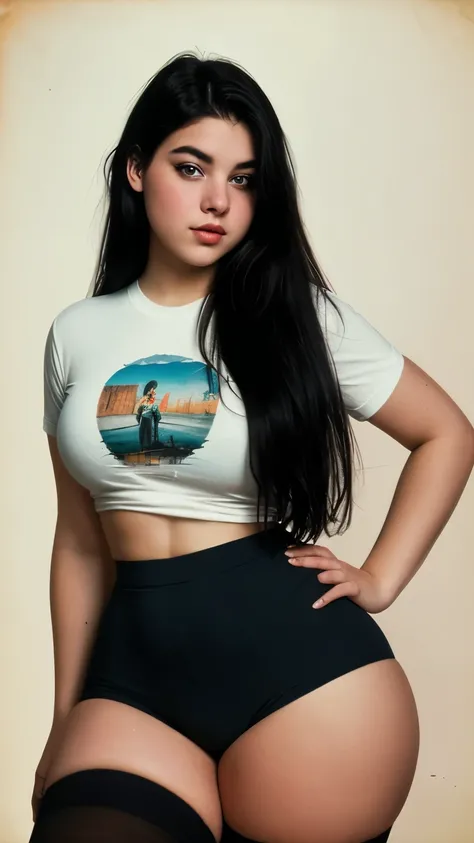 professional photo, masterpiece, best quality, cute_girl, black_hair, big breasts, curvy thick body, large_hips, tshirt, hipster_panties, thigh highs, looking at viewer, vintage photo, 90s style, film grain, medium shot