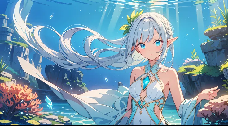*A tiny elf with delicate, glowing wings is floating gracefully in a magical, serene underwater world. The elf has long, flowing silver hair, pointed ears, and wears an elegant, shimmering outfit made of leaves and silk. Soft magical light glows around her...