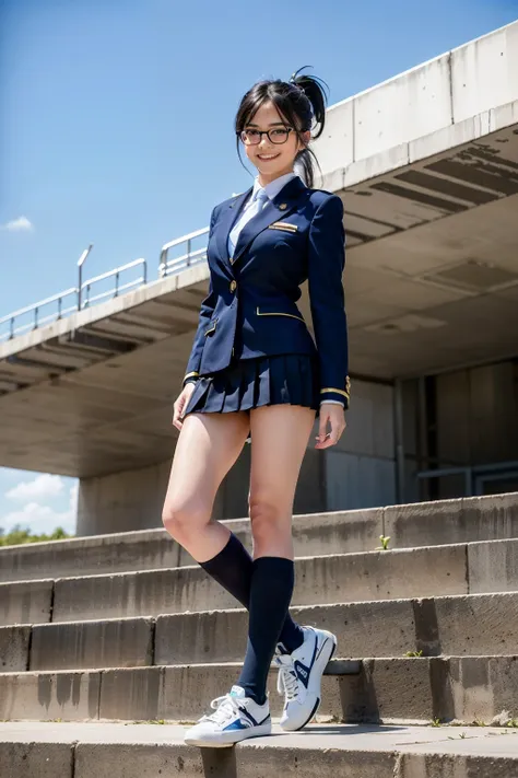 Blue sky background,The front of a  girl in uniform standing on a concrete staircase and looking down at me,((navy blue knee-high socks)),from below,navy blue pleated miniskirt,navy blue blazer,blue tie,navy blue pleated miniskirt,Sneakers, beautiful feet,...